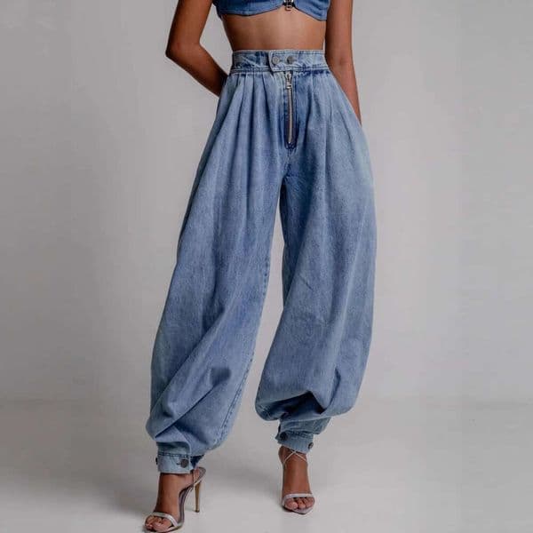 Cross-border European and American Women's Fashion New Summer High Waist Zipper Jogger Jeans Loose Casual Retro Pants Wholesale