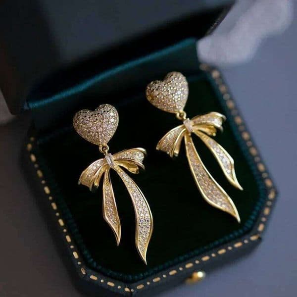 Vintage Fine Jewelry Luxury Daily Earring Fashion original inlaid crystal bowknot heart-shaped earrings for women wedding gift