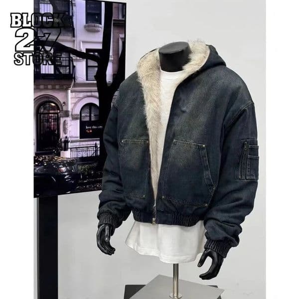 Mens Jacket Harajuku Hooded Denim Cotton Coat Washed Heavy Fleece Thick Fur Collar Vintage Warm Autumn Winter Streetwear Fashion 251231BJ