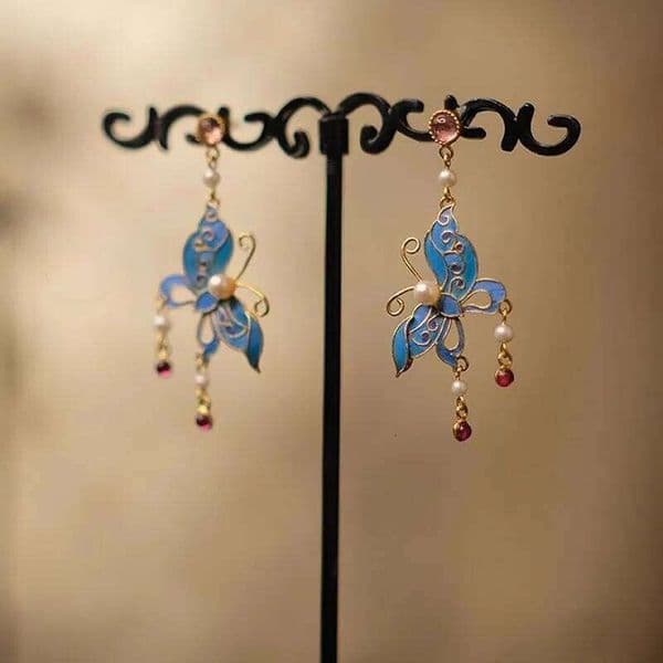 New in Cloisonne Court style Classical elegance Enamel Butterfly stud earings pearls Tassel earrings for women Jewelry