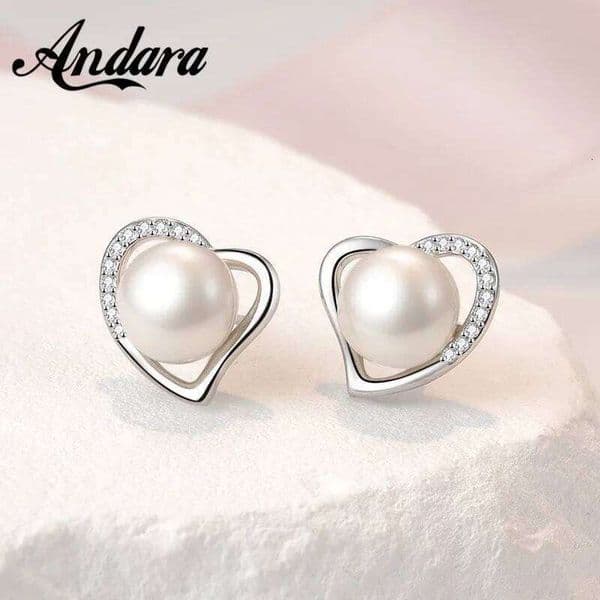 Andara 925 Sterling Silver Heart Pearl Earrings Women Wedding Engagement Party Accessories Fashion Jewelry Gift