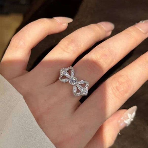 High end satin full diamond bowknot rings for women exquisite and fashion hollow out wedding ring silver 925 jewelry gift