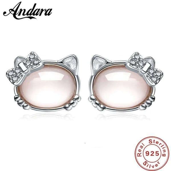 Andara Fashionable 925 Sterling Silver Stud Pink Crystal Cute Exquisite Kitten Earrings Girls Jewelry Gift