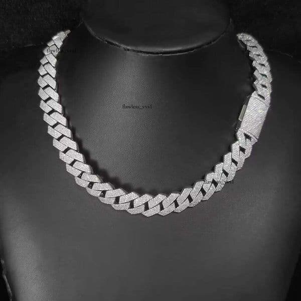 VVS Moissanite Hip Hop Jewelry 15mm 4 Rows Iced Out CZ 14K Stone Necklace White Gold Prong Miami Cuban Link Chain for Men