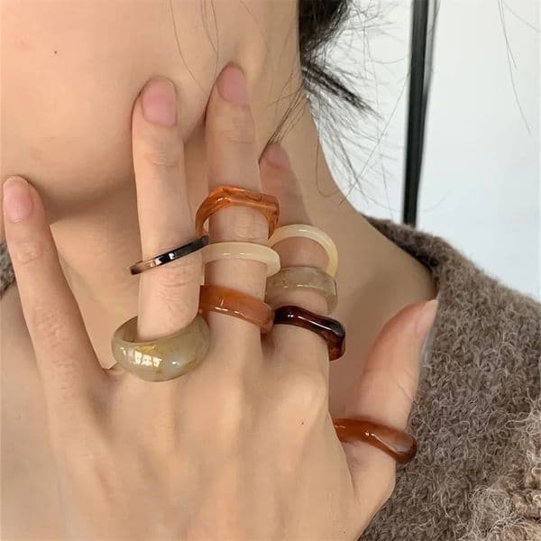 9piece Bohemian retro style resin material multicolor ring fashionable and elegant for women can be stacked worn 260104BJ