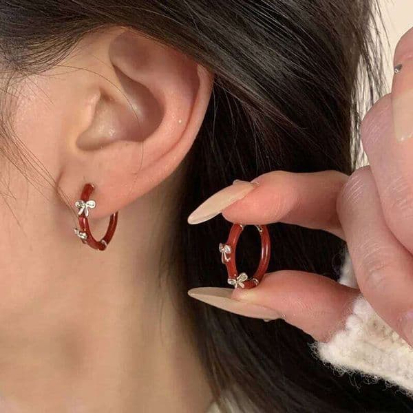 Real 925 Sterling Silver Bowknot Enamel Round Hoop Earrings for Women Trendy Fine Jewelry Minimalist Sweet Cool Accessories