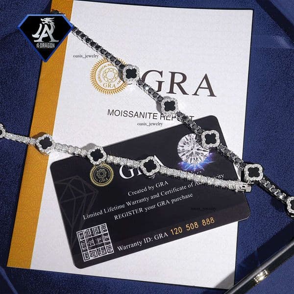 Unique 3mm Two-tone VVS Moissanite Clover Tennis Bracelet with Sparkling 18K Diamond Cut 925 Silver Chain, Perfect for Daily Wear