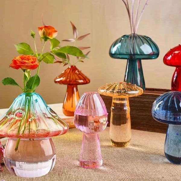 Nordic Style Colorful Mushroom Vase - Glass Material, Hydroponic Flower Arrangement, Indoor Desktop Home Decor X260104