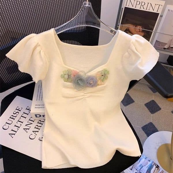 French Thr-Dimensional Flower Patchwork Short Slve T-Shirt For Women Summer Pure Desire Style Square Neck Knitted Unique Beautiful Trendy Top S260417