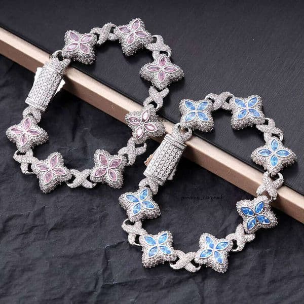 Fashion Pink Blue Colorful Clover Bracelet Necklace Iced Brass 5A VVS Moissanite Diamond Chain GRA Adjustable Women's Gift