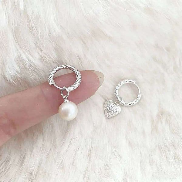 Real 925 Sterling Silver Heart Pearl Pendant Hoop Earrings for Women Cute Asymmetric Fine Jewelry Minimalist Accessories