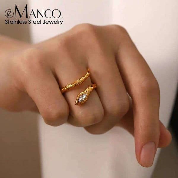 eManco Stainless Steel Ring Bohemian Style with Snake Motif Crystal Elements Ideal for Daily Commute Jewelry
