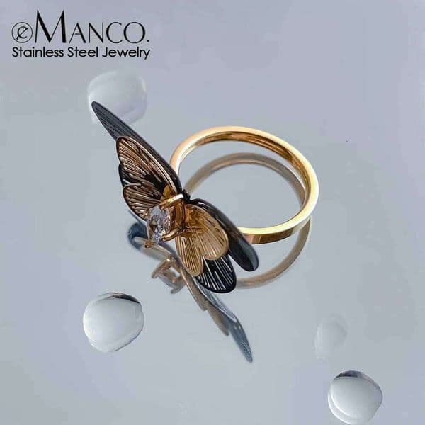 eManco Vintage Butterfly Zirconia Ring Chic Fashion Women Stainless Steel Anti Allergic Metal Insect Gold Plated Jewelry