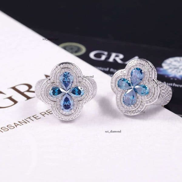 VVS Moissanite Hot-selling New Arrival Colorful S925 silver with D Color 14K VVS Silicon Stone Hip-hop Clover Ring