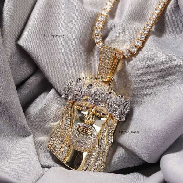Ice out VVS Moissanite UWIN Gold Rose Flower Christian Hip Hop Large Crown Jesus Face Pendant Necklace for Women and Men