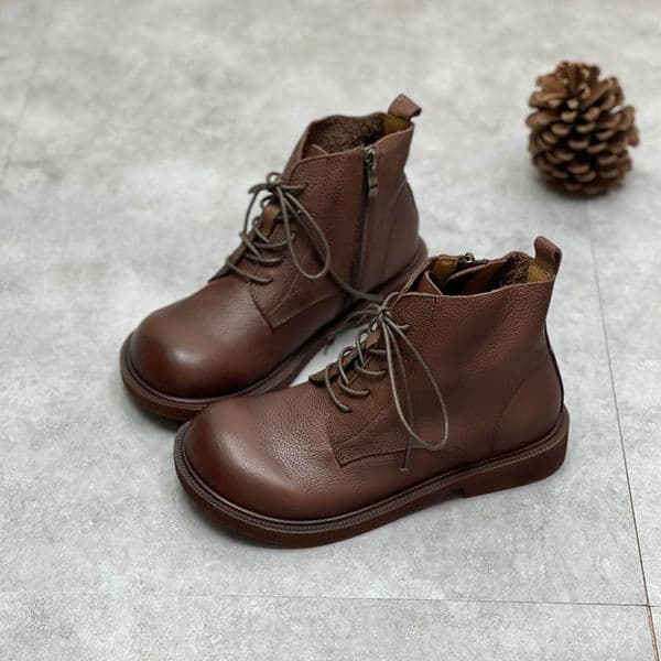 Designer Dress Shoes Luxury Lace-up Side Zipper Top Cowhide Leather Boots Single Shoes Flat Women Big Size Boots
