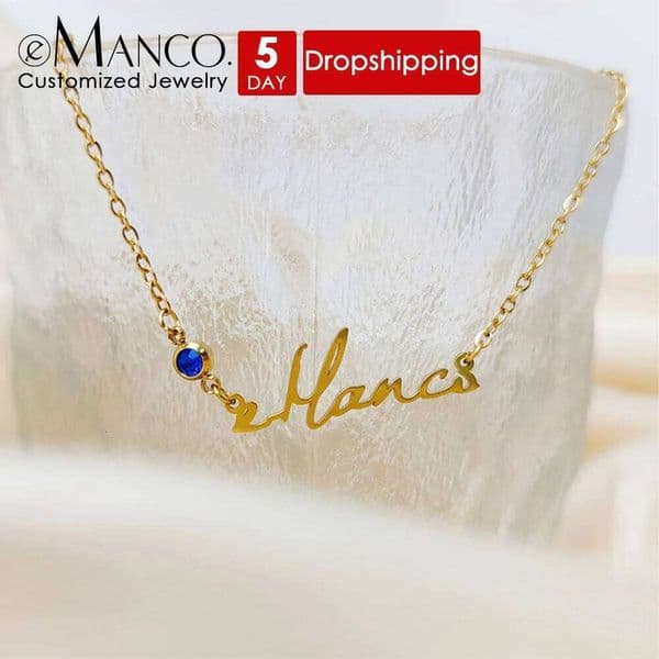 eManco DIY Birthstone Customized Fashion Stainless Steel Name Necklace Personalized Letter Necklaces Pendant Nameplate Gift
