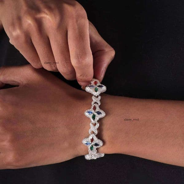 New Pink White Colorful Straight Pull Clover Bracelet Necklace Brass Iced Flower 5A VVS 18K Moissanite Diamond Cuban Rapper Chain