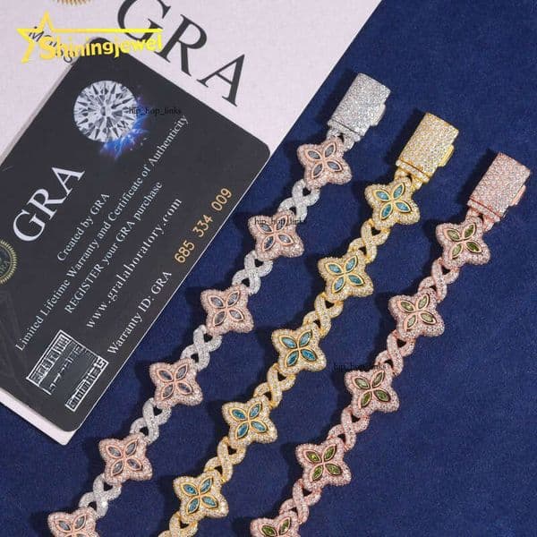 15mm Marquise Cut Colorful Cuban 925 Silver VVS 18K Moissanite Diamond Bracelet Hip 14K Hop Jewelry
