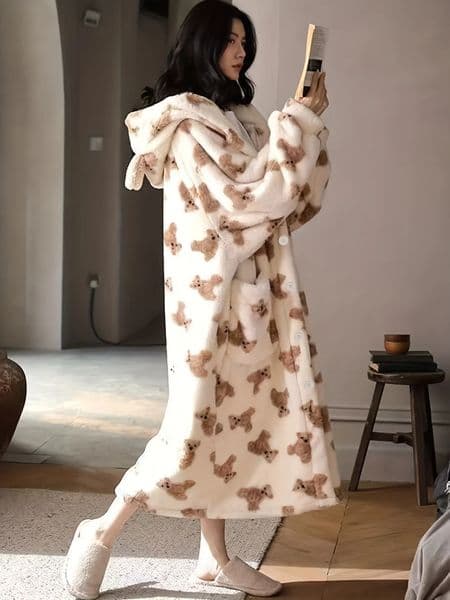 Cozy Teddy Bear Pajama Dress Plush Hooded Nightgown with Ears Thickened FullZip Loungewear for Women Hand Washable 251231