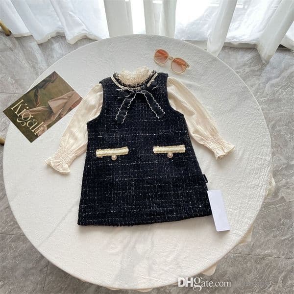 Fashion Kids Clothes Princess Dress Two Piece Set Baby Girls Long Sleeve Shirt Vest Skirt Black Dresses Childrens Clothing Sets