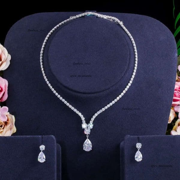 Choucong Original Wedding Jewelry Sets Luxury 18k White Gold Fill Water Drop 5A Cubic Zircon CZ Diamond Party Women 14K Stud Earrings Bridal Tennis Necklace Gift 17