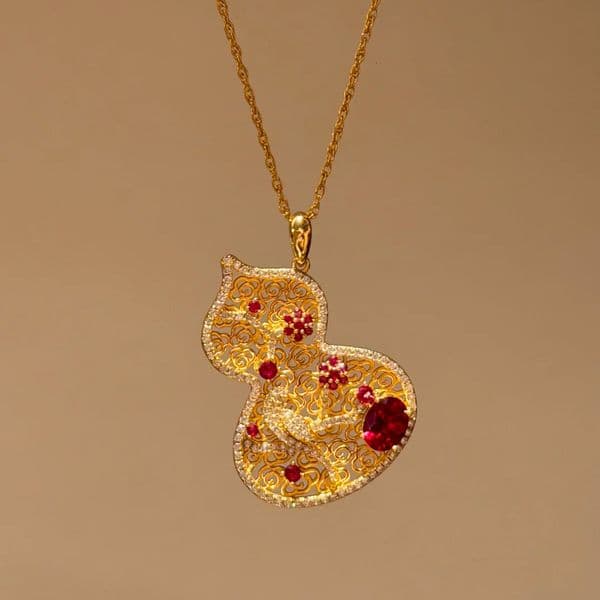 Style Red Corundum Flower Window Fortune Pendant New Style Hollow Colorful Diamond Flower Magpie Climbing Plum Gourd Necklace For Women