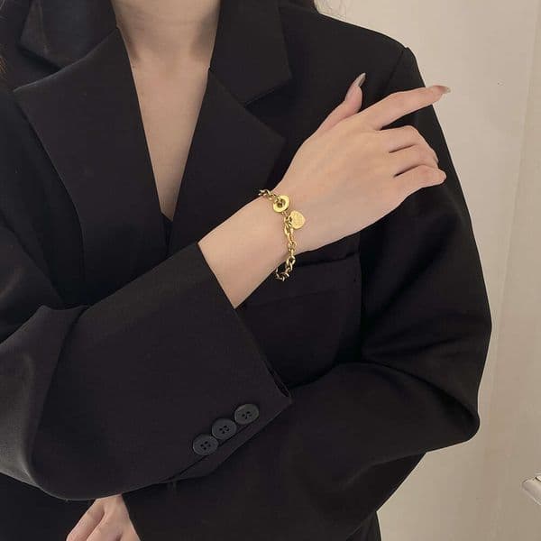 for Women Womens Jewelry Bracelet Chunky Gold Chain Heart Pendant Titanium Steel Snap Button Trendy Charms