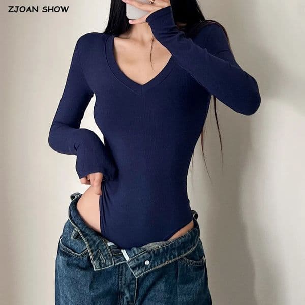 4 color Spring Autumn V neck Rib Long sleeve Bodysuit Sexy Woman Short Jumpsuit Slim fit Rompers Bodycon Playsuits Navy Gray 251231BANJIA