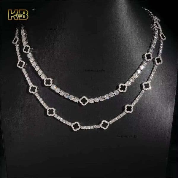 Iced 3mm 5mm 925 Silver Silicon Stone VVS Moissanite Necklace with Clover Design Fashion 14K Tennis Jewelry for Men and Women