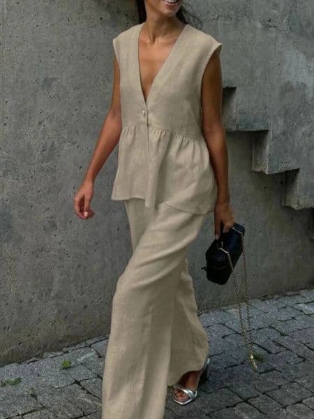 Bestseller 2025 Casual Chic Tops Sets Women Sleeveless Loose V-neck Button Shirt High Waist Wide Leg Pants Thin Female Suit Fashion New ddmytues