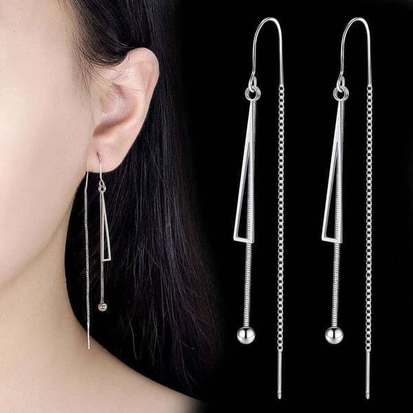 925 Sterling Silver Long Triangle Bead Earring Ladies Fashion Simple Birthday Party Wedding Anniversary Jewelry Gift