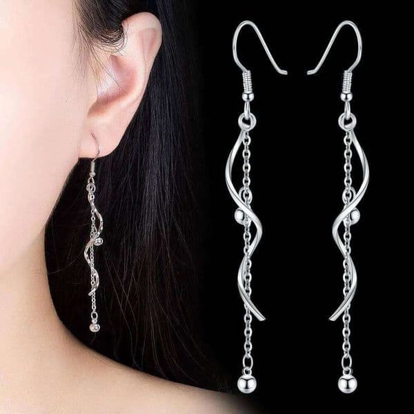 925 Sterling Silver Wavy Lines Beads Earrings Ladies Fashion Simple Birthday Party Wedding Anniversary Jewelry Gift