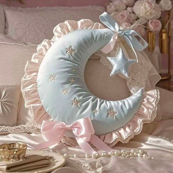Creative Lolita Girls Bedroom Lace Ruffle Bow Decorative Moon Shape Back Seat Cushion 26N0105