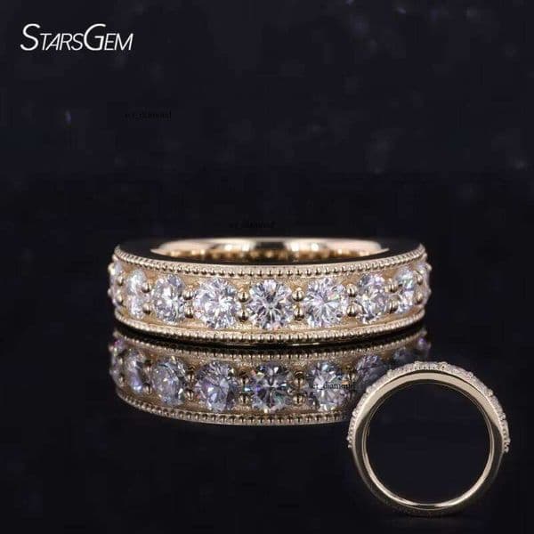 14k Gold Thin 3.5mm DEF VS VVS Round Lab-Grown VVS Moissanite Curved Grain Band Eternity Ring