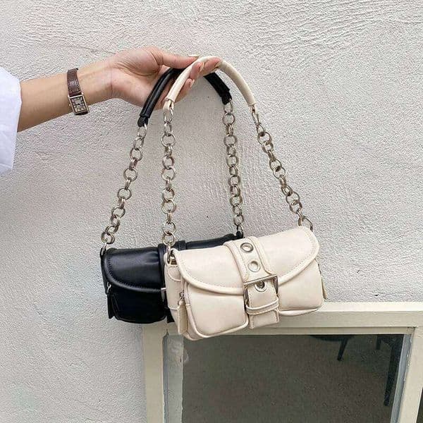 SIJIFSHANG Retro Women S Chain Small Shoulder Solid Color PU Leather Ladies Underarm Bags Fashion Female Armpit Bag Tote Purse Handbags MOMOTU