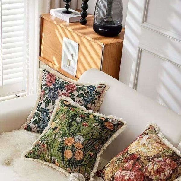American Retro Oil Painting Style Cotton Linen Cushion Sofa Living Room Bedside Pillowcase Homestay Fresh Tassel Pillow Cover Y260520
