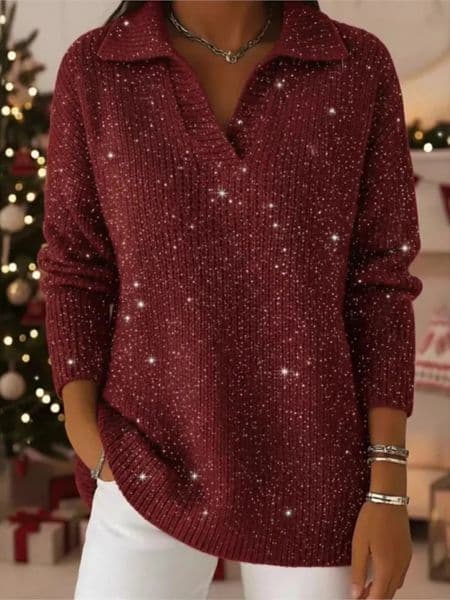 Fashion Sequins Sweater Lady Casual Knit Long Sleeve V Neck Pullover Sweaters Tops For Women Holiday Chic Womens Clothing 260104