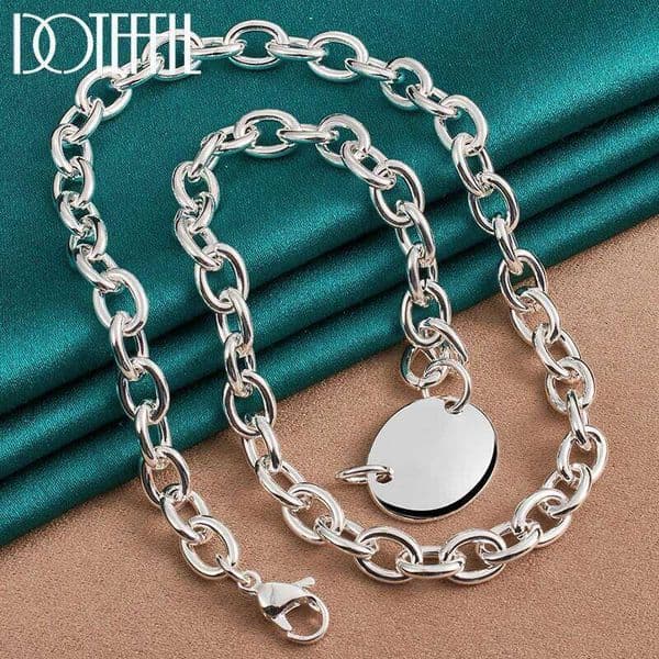 DOTEFFIL 925 Sterling Silver Oval Round Pendant Necklace 18 Inch Chain For Man Women Wedding Engagement Fashion Jewelry