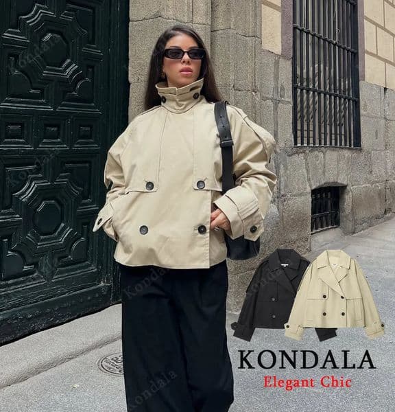 KONDALA Women Fall Elegant Trench Coat DoubleBreasted Short Windbreaker 2025 Spring Autumn High Street Commute Lady 260106
