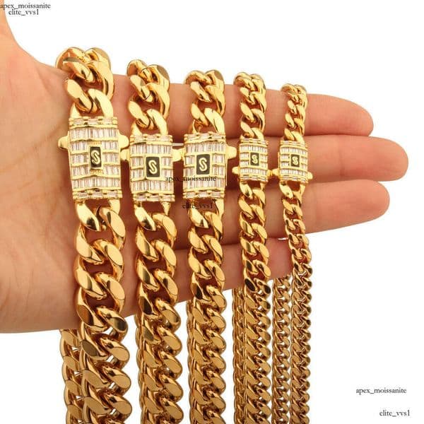 6mm-14mm Hip Hop Stainless Steel Miami Cuban Link Chain 18K Real Gold Plated T Zircon Clasp Mens Necklace Jewelry ca