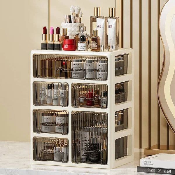 Cream Color Cosmetics Box,Multi compartment Lipstick Mask Organizer,Drawer Dresser for Skincare Makeup Brushes,1 to 4 tiers ddmytues