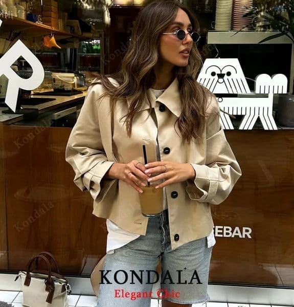 KONDALA Women Elegant Windbreaker Jacket Lapel Buttons Short 2025 Spring Fall Fashion High Street Commute Lady 260106