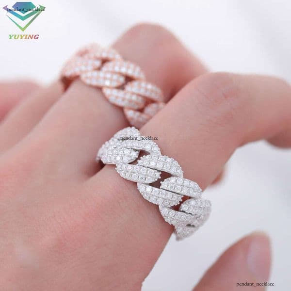 In Stock Iced Out Fashion Jewelry 925 Silver White Gold Plated Hip Hop VVS Moissanite Diamond Cuban Men's Ring