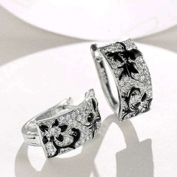 Small U Hoop Earrings for Women Black Glaze Flower Zirconia Simple Stylish 925 Sterling Silver Earring Unisex Fashion Jewelry