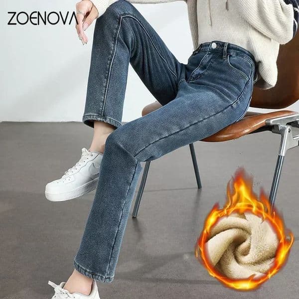 ZOENOVA Womens Winter Fleece Warm Jeans Retro Slim Straight Elastic Cotton Thickened Denim Pants Fashion Female Clothing 260106