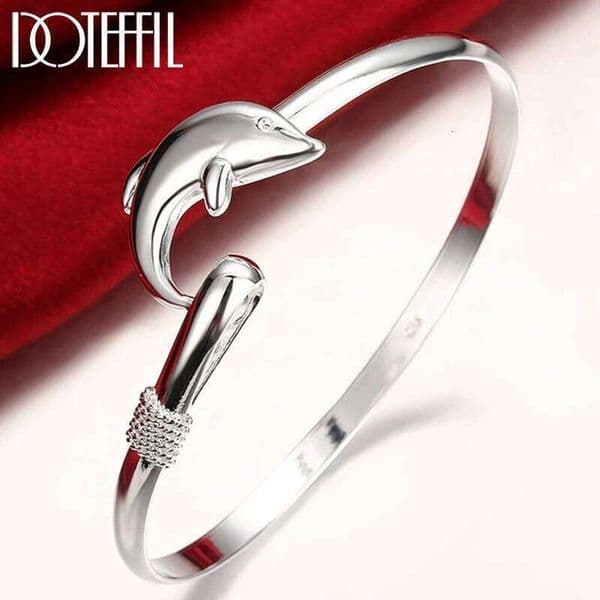 DOTEFFIL 925 Sterling Silver Dolphin Bangle Bracelet For Women Wedding Engagement Fashion Charm Party Jewelry