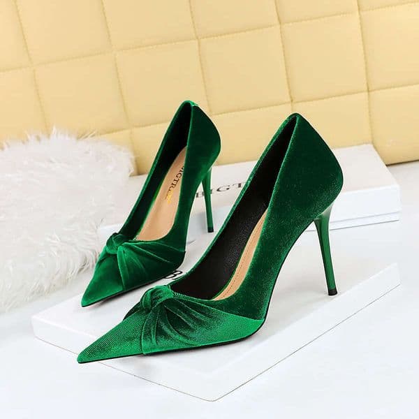 luxury shoes Fashion Party High Stiletto Heels Shallow Mouth Pointed Toe Velvet Bow Single Shoes