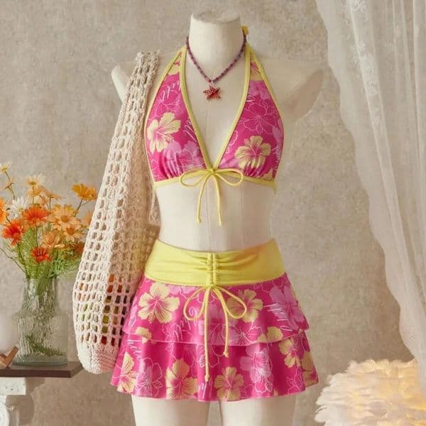 Elegant Floral Color Block Swimsuit Women Triangle Halter High-Waist Bikini Set Cover Up Skirt Micro Bikini Three-Piece 260106