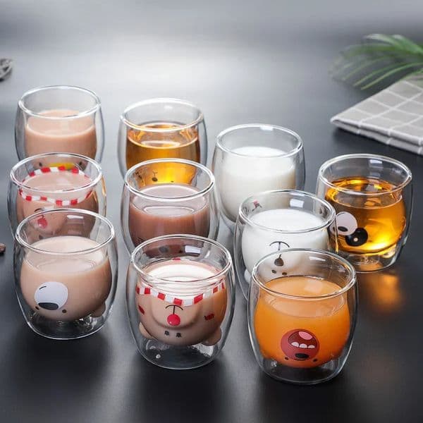 Glass Mugs Double Wall Glass Mug Bear Cat Animal Double-layer Glass Mug Coffee Cup Christmas Mug Gift cute Tea Milk Cup 260106